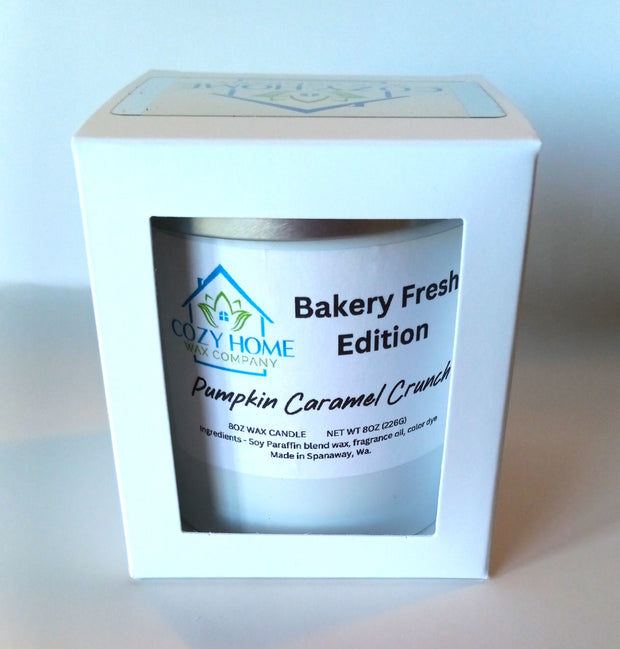 Pumpkin Caramel Crunch 8oz Candle with lid and gift box.