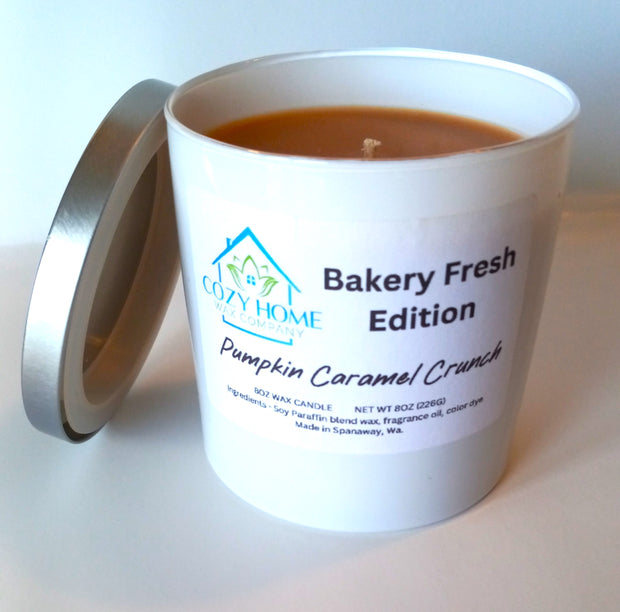 Pumpkin Caramel Crunch 8oz Candle with lid and gift box.