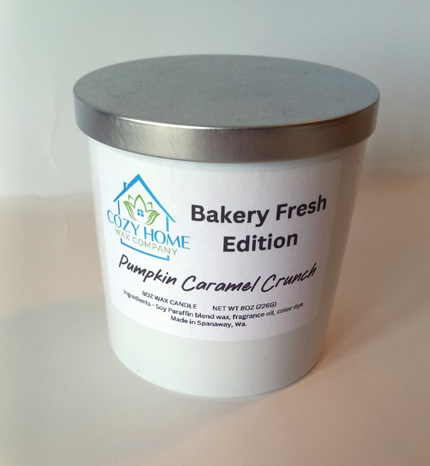 Pumpkin Caramel Crunch 8oz Candle with lid and gift box.